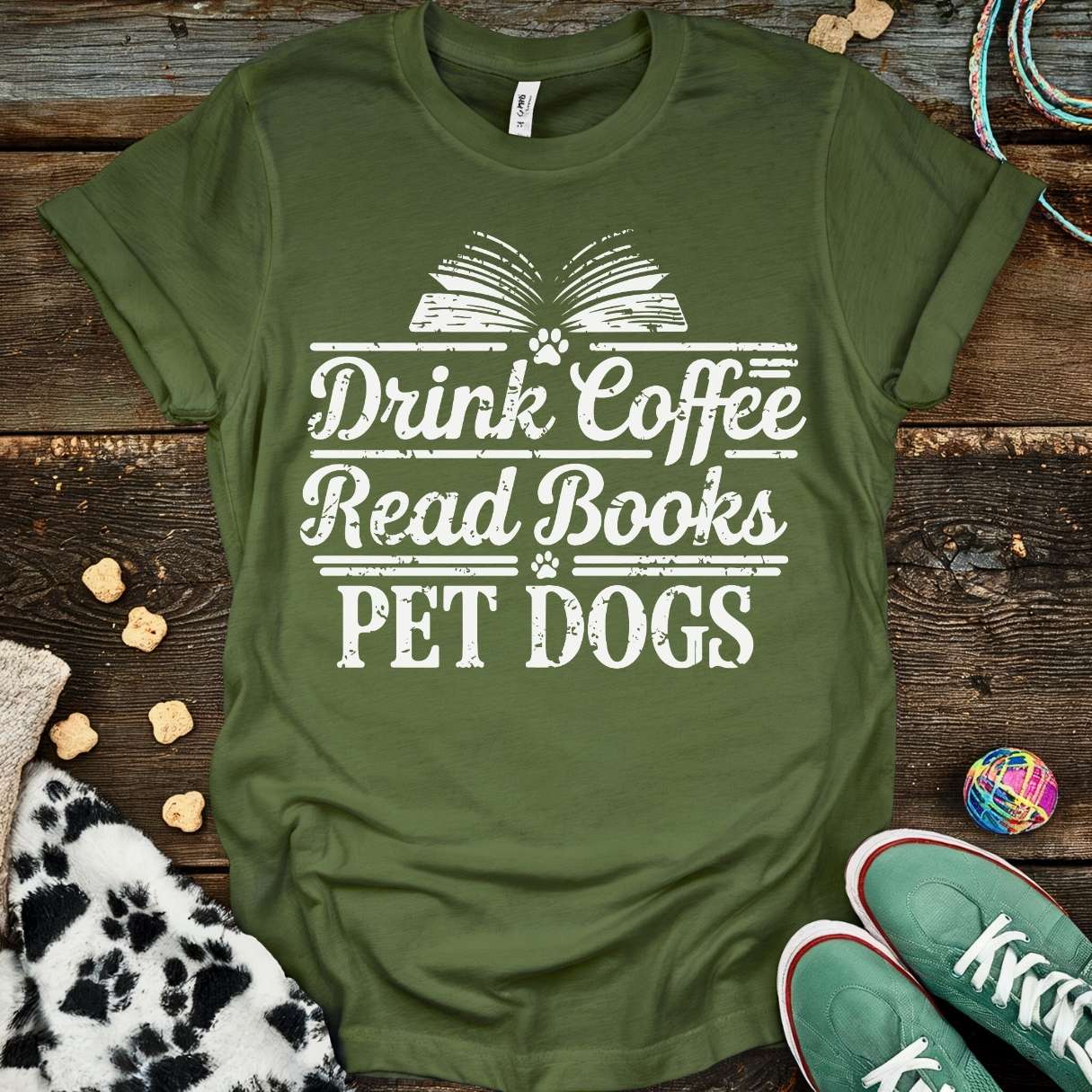 Coffee Books Dogs T-Shirt Military Green / S T-Shirt