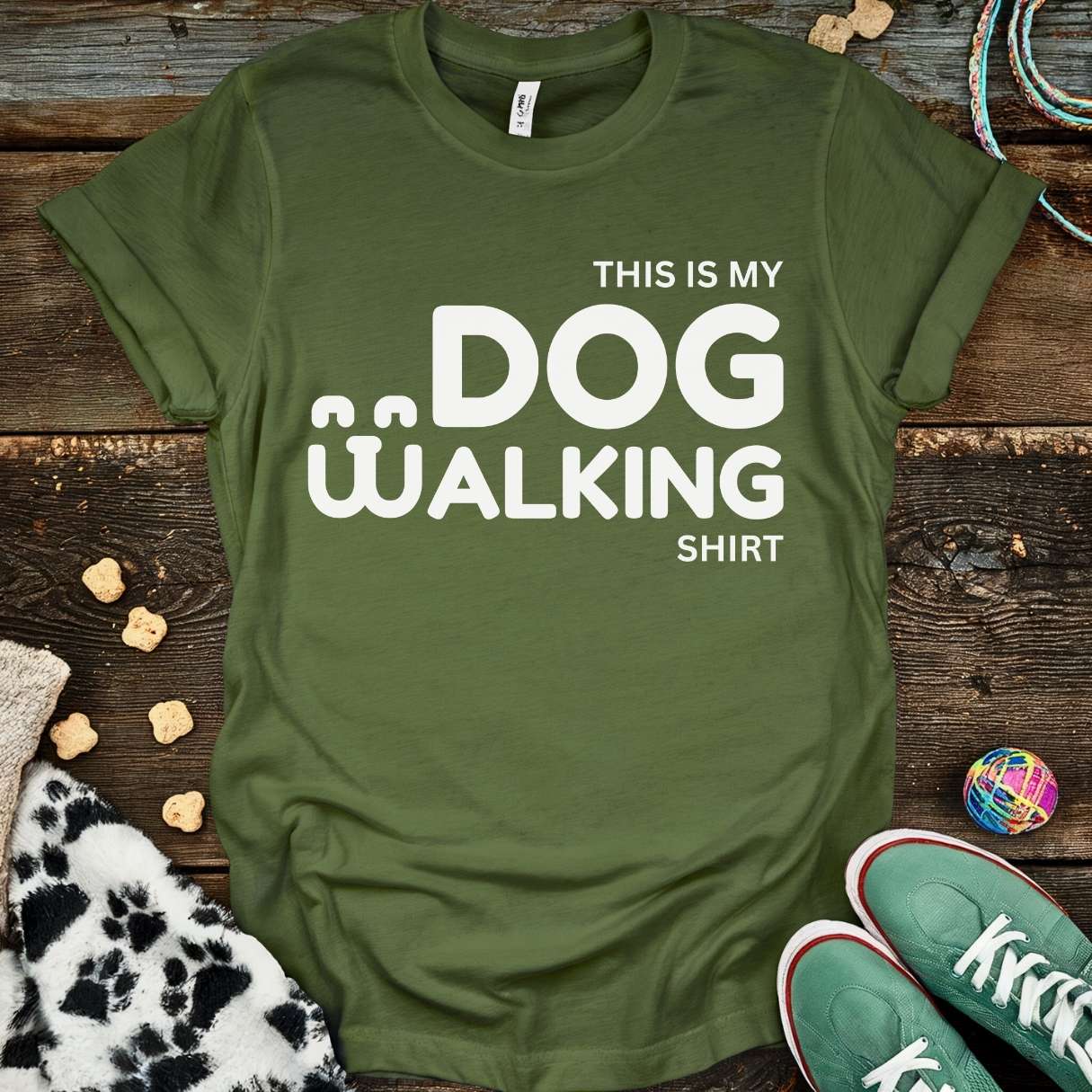 Dog Walking Doodle T-Shirt Military Green / S T-Shirt