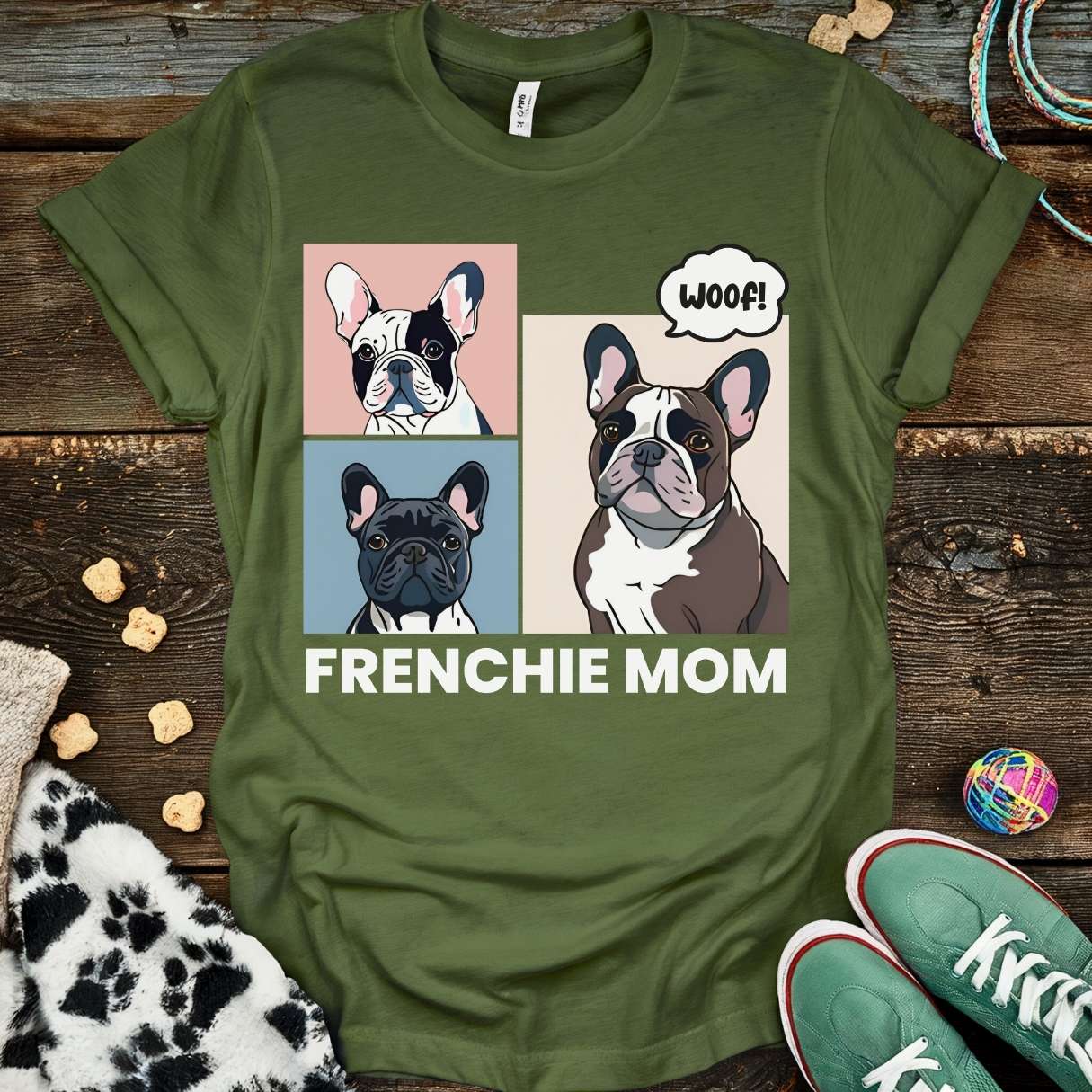 Frenchie Mom Art T-Shirt Military Green / S T-Shirt